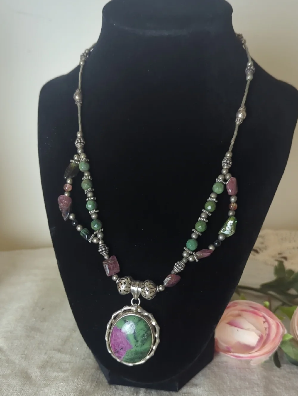 Sterling Silver Ruby Zoisite Statement Necklace, Artisan Gemstone Pendant